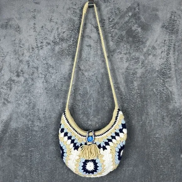 Crocheted Granny Square Purse Crossbody Bag Handbag Lined - BOHO/Vintage STYLE - Picture 1 of 9